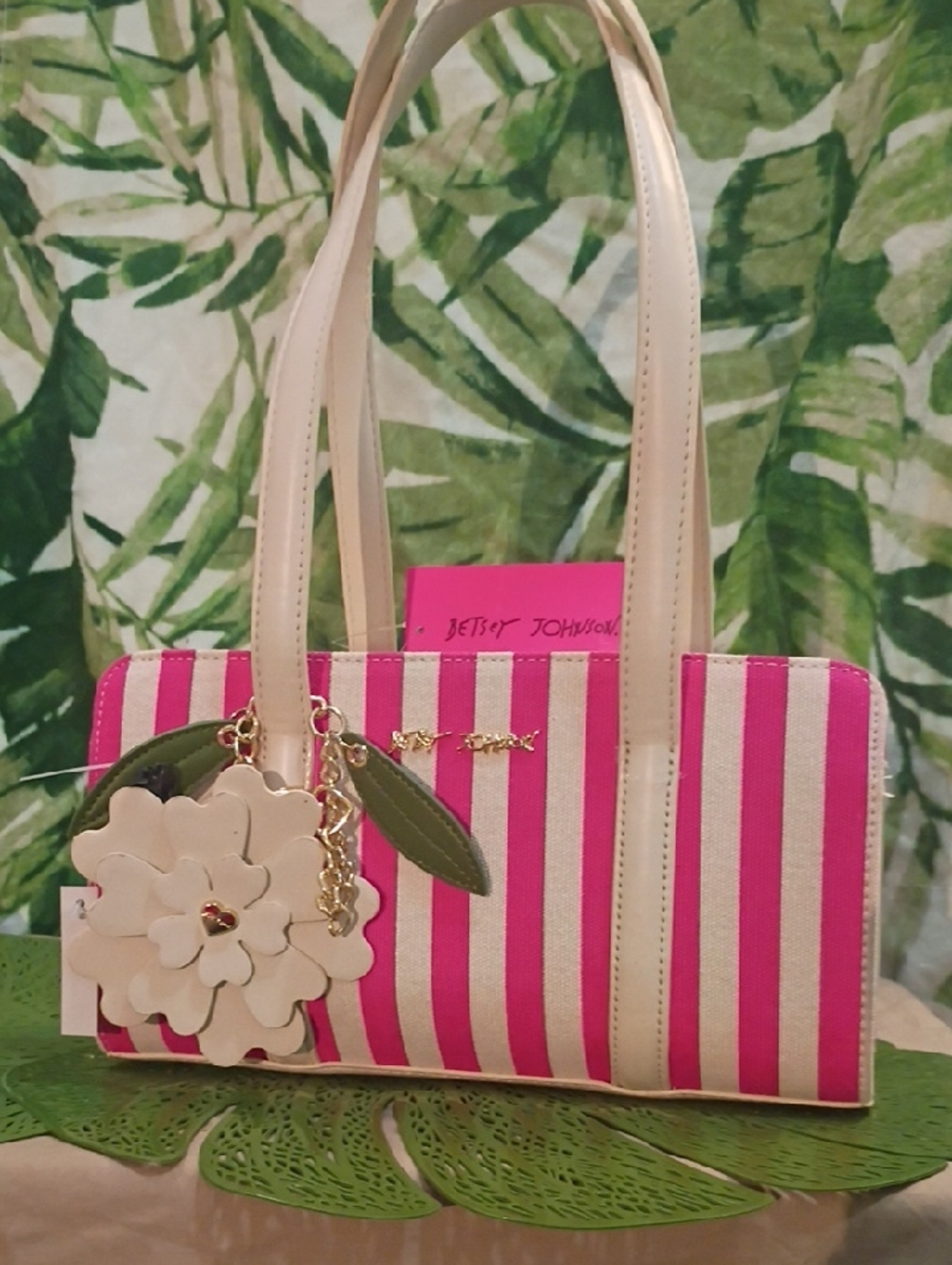 Betsey Johnson Hot Pink & White Striped Tote with Flower Charm